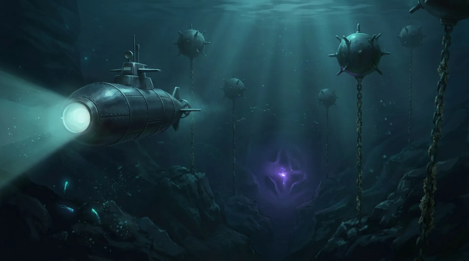 A riveted 1950s submarine cuts a cone of cyan searchlight through black water, past spiked sea mines chained to the floor, while a violet glow pulses from a trench far below.