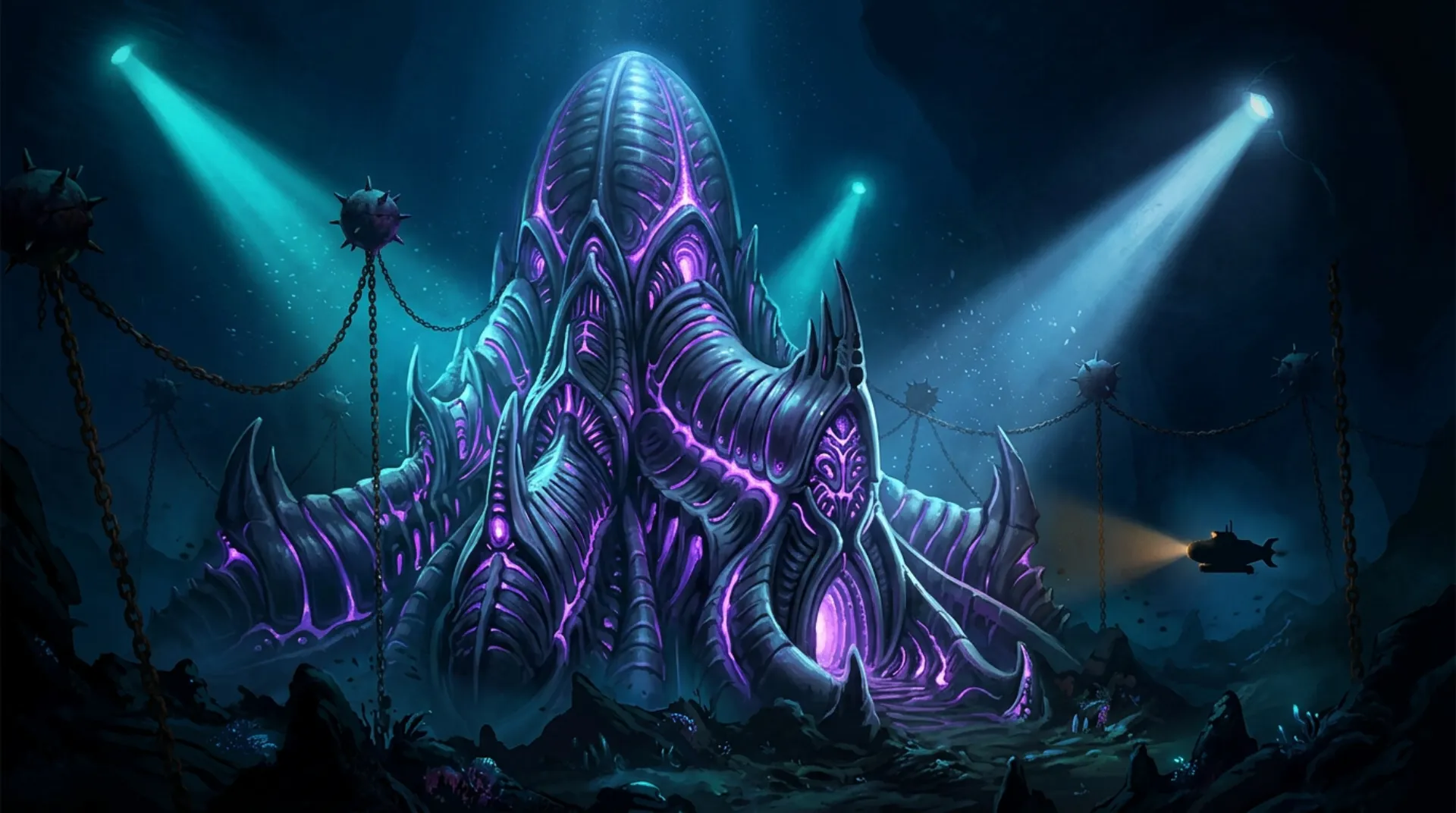 An enormous ribbed alien structure with glowing violet seams rises from an abyssal trench, ringed by chained mines, while a tiny submarine approaches.