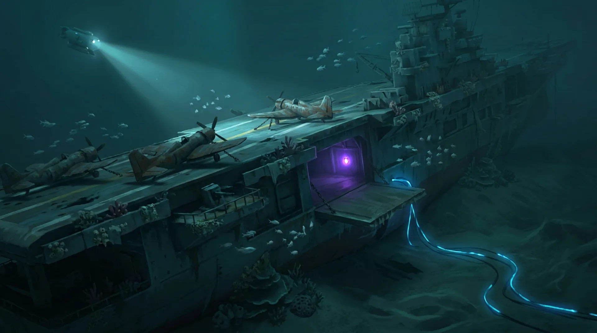 A broken 1950s aircraft carrier half buried in silt on the sea floor, lit by a single searchlight beam, with old propeller planes on its tilted deck and a violet light deep inside an open hangar.
